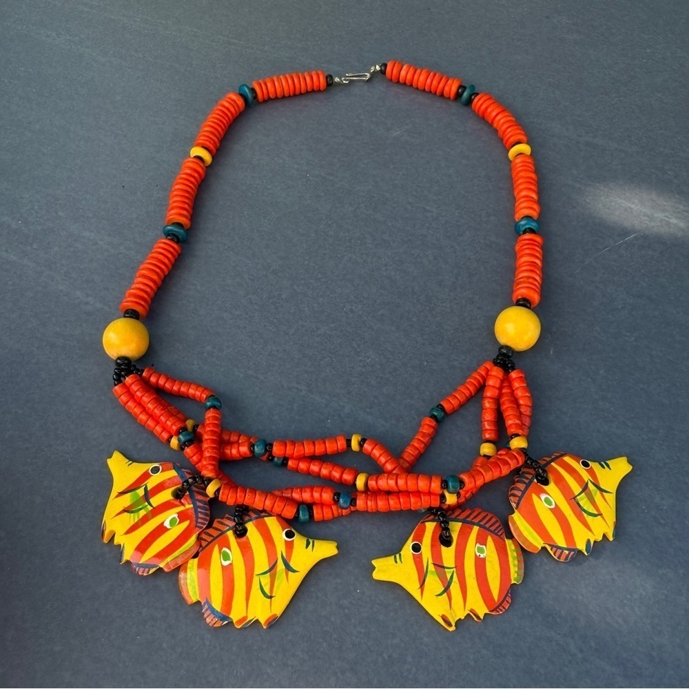 Vintage Coconut Wood Tropical Fish Pendant Necklace